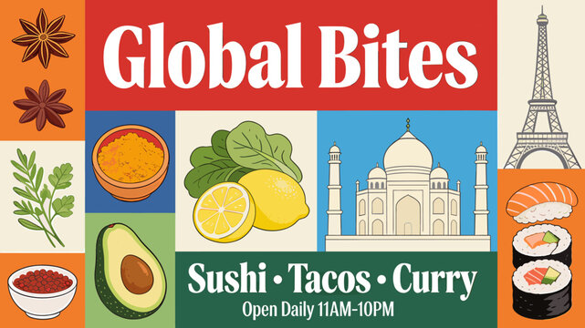 Global Bites restaurant menu featuring sushi, tacos, and curry with diverse international food ingredients and landmarks.