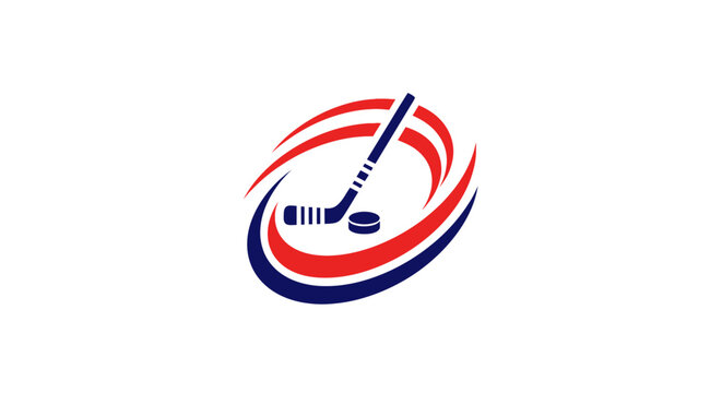 Hockey Stick and Puck Logo with Red and Blue Swirls