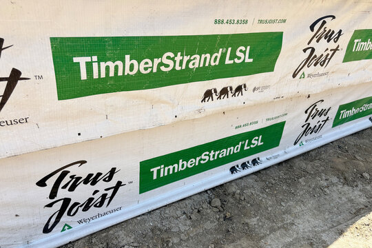 Pallets of 2 by 4 Timber Strand LSL wood studs in Stamford, Connecticut on June 5, 2026.
