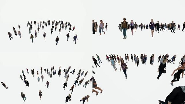 Crowd overhead collection for green screen compositing with chromakey background and 3d animated cartoon animation style. Top view pedestrian motion footage for editing scenes and transitions.