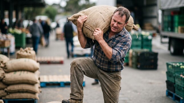 A farmer carries a large burlap sack of produce over his shoulder at an outdoor market.