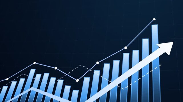 Blue bar chart and line graph with an upward arrow illustrating business growth, rising revenue, financial performance and positive analytics trends for marketing, investment and forecasting