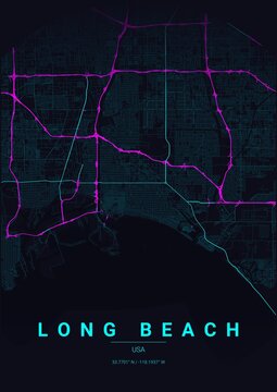 Modern Long Beach City Map Poster Design, Neon Cyberpunk Style Urban Street Grid Cartography