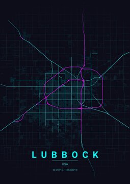 Modern Lubbock City Map Poster Design, Neon Cyberpunk Style Urban Street Grid Cartography