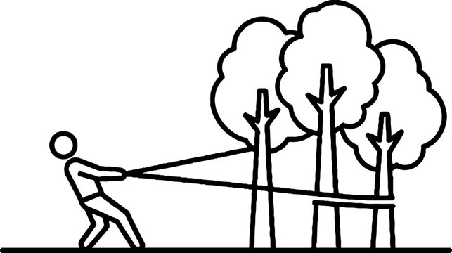 Illustration of person bending young trees with ropes.