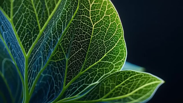Close-up of vibrant green leaves showcasing intricate vein patterns on a dark background