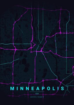 Modern Minneapolis City Map Poster Design, Neon Cyberpunk Style Urban Street Grid Cartography