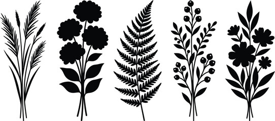 Set of black silhouettes of wild flowers, grass, fern and berries © SH Stock
