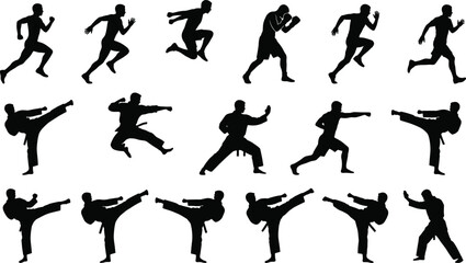 Martial arts and sports vector silhouette set featuring karate kicks fighter training poses and athletic running men © Hello World