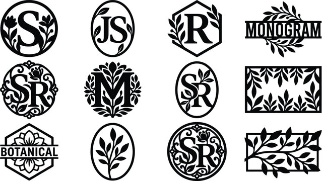 Set of floral monogram frames and botanical logo templates for laser cutting or engraving