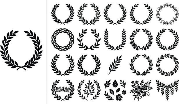 Laurel wreath vector set, black silhouette olive branch frames and heraldic leaf borders