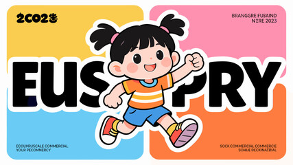 Naklejka premium A vibrant and playful illustration of a happy cartoon girl running, set against a colorful background with text elements.