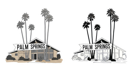 Palm Springs Mid-Century Modern House with Palm Trees - Color and B&W © Hilda