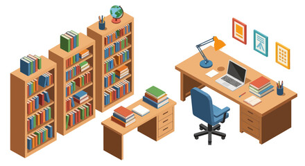 Isometric Office and Library Setup with Bookshelves, Desk, Laptop, and Chair © Hilda