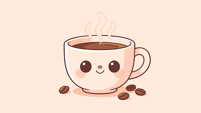 A charming kawaii-style illustration of a steaming cup of coffee with a cute face and scattered coffee beans on a soft peach background.