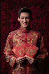 Fototapeta premium Chinese traditional lunar new year Spring Festival celebration in Asia. A man wearing a vibrant red and gold cheongsam, holding red envelopes in his hands. The background is a deep red.