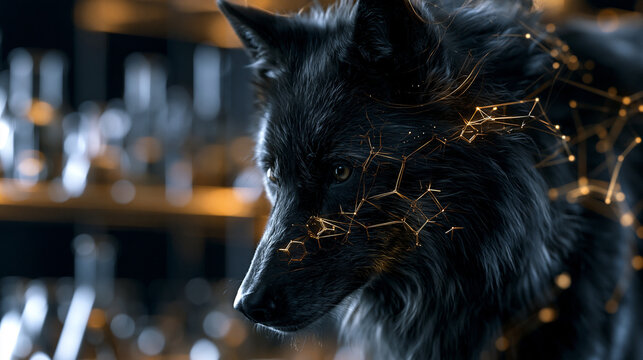 Futuristic 3D illustration of a black wolf with dissolving golden molecular network structures