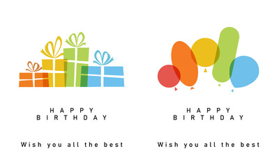 Minimalist happy birthday greeting cards featuring colorful flat icons of gift boxes and balloons with simple elegant typography isolated on white background for festive celebration event invitation. © OFFDESIGN