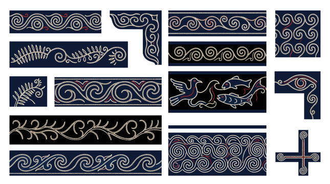 Hokkaido Ainu Indigenous Embroidery Border Frame Vector Set with Continuous Spiral S-Curve Moresu Morew Fern Frond Attus Bark Cloth Bird Fish Spirit and Apotropaic Design