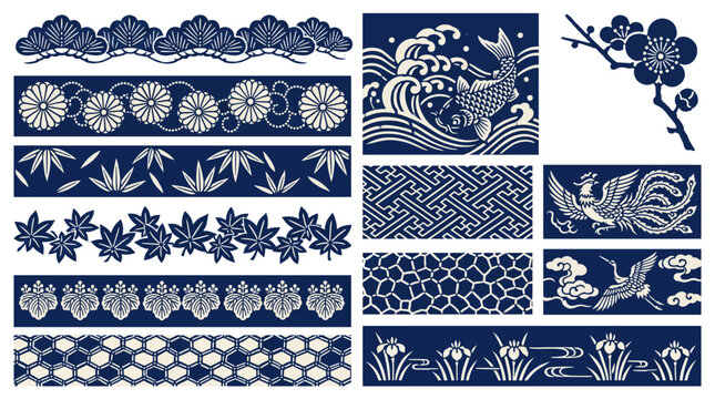 Japanese Katazome Stencil Resist Textile Border Frame Vector Set with Pine Needle Chrysanthemum Wave Carp Plum Blossom Bamboo Phoenix Tortoiseshell Crane and Indigo Design