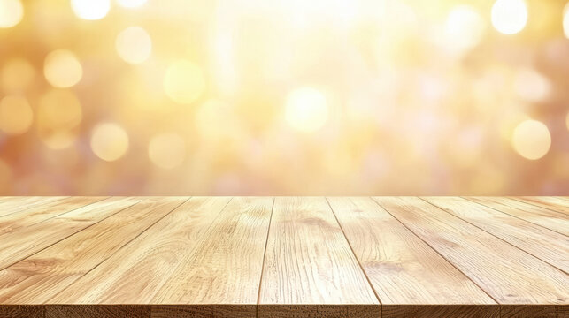 A sunlit wooden surface extends toward a blurred background of golden bokeh lights creating a warm and inviting atmosphere for product presentation or display.