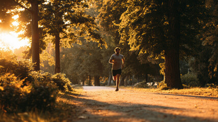 Fototapeta premium Cardio sports exercise, healthy lifestyle. A man jogging down a path in a park at sunset, surrounded by trees and illuminated by the warm, golden light of the setting sun.
