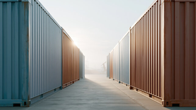 Cargo container row supply chain decoupling logistics corridor industrial yard metal container freight transport storage unit perspective view
