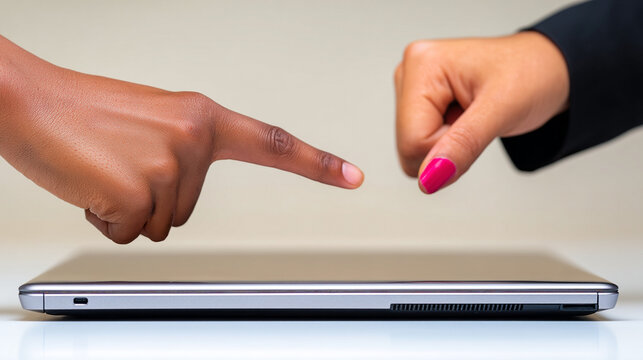 Close up of two people hands pointing and making a fist over a closed silver laptop