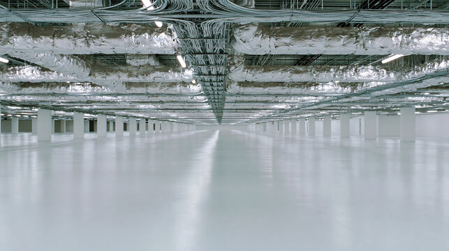 Data center corridor with empty floor, overhead cable system and reflective ceiling, clean industrial interior