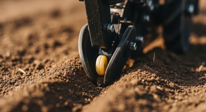 Close-up macro shot of agricultural machinery planting seeds into rich soil during a farming operation