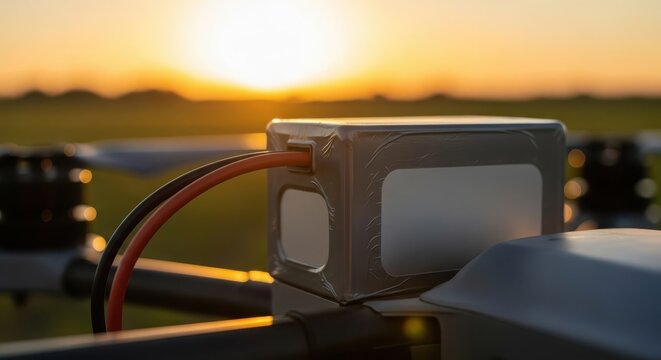 Close-up view of a drone battery pack and cables against a warm sunset sky, showcasing agricultural technology