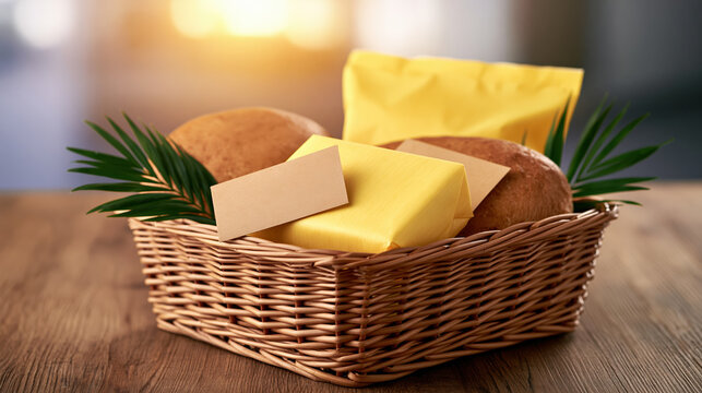Grocery basket with bread, butter, and blank label for consumer inflation pressure concept