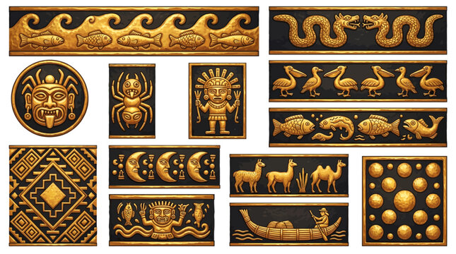 Chimu Pre-Columbian Gold Repouss&eacute; Border Frame Vector Set with Hammered Gold Wave Fish Spider God Supernatural Serpent Pelican Moon Deity Llama Lord of Waves and Ancient Design