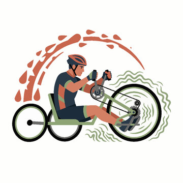 Stylized vector illustration of a male athlete riding a handcycle recumbent bike with speed effects.