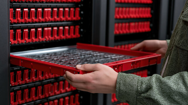 Server technician installing hardware in data center rack with red tray and cables