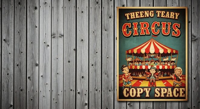 Vintage circus poster on rustic wooden plank wall background.