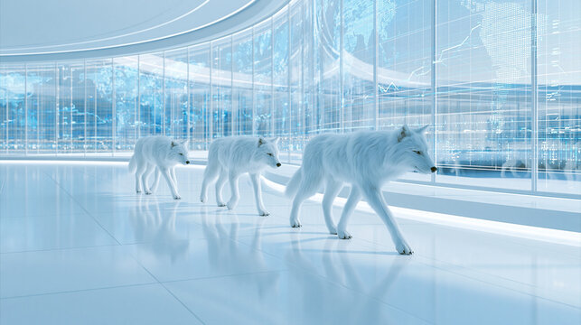 Panoramic 3D illustration of three white wolves walking inside a vast futuristic smart office
