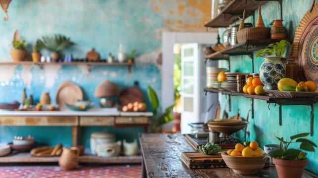 Colorful teal kitchen interior