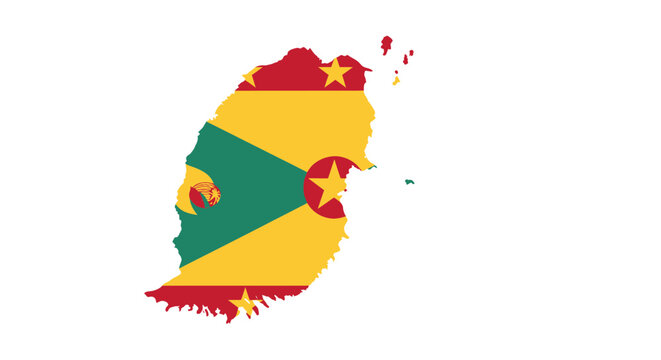 Grenada map outline with national flag colors and stars on white background