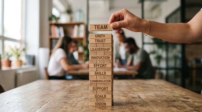 Hand adding TEAM block to a tower of business concepts