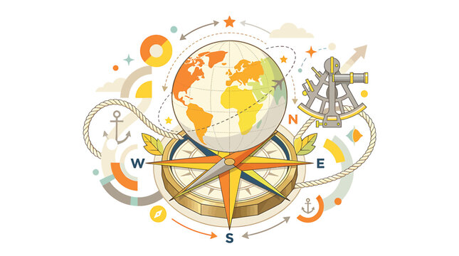 Vintage Navigation Globe with Compass Rose.