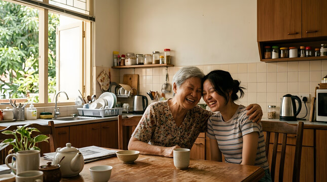 Happy Grandmother and Granddaughter Sharing a Laugh at Home