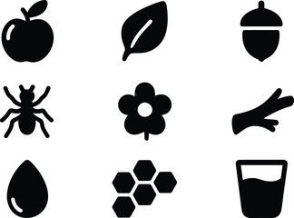 Set of nine black simple icons including apple fruit leaf acorn spider flower bone shield water drop Vector © MstSabrina
