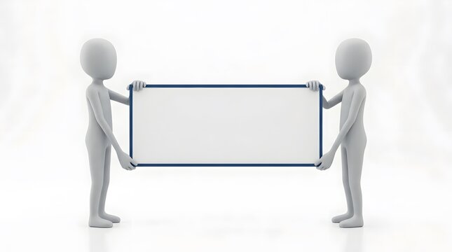 Two people pulling a rectangular  moke up frame  together