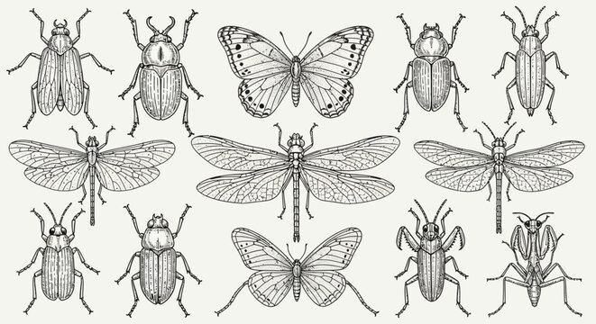 Intricate black and white insect line art drawing collection.