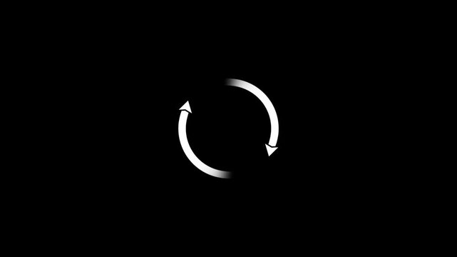 Reload icon animation with circular arrow on black background, loop rotation, refresh update symbol, process synchronization, restart cycle, digital loading ...