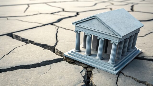 Ancient stone bank building model on cracked dry ground symbolizing financial instability and economic crisis in harsh environment