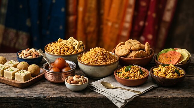 Traditional Indian Diwali Sweets and Savory Snacks on Wooden Table