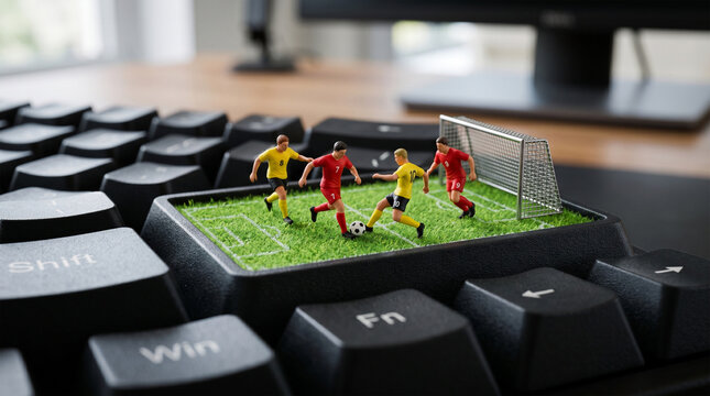 Miniature soccer game on a computer keyboard key