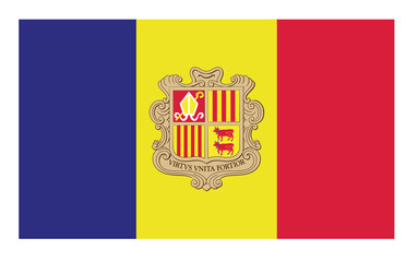 Obraz premium Andorra Flag: A clear depiction of the national flag of Andorra, featuring vertical stripes of blue, yellow, and red, with the country's coat of arms prominently displayed in the center.